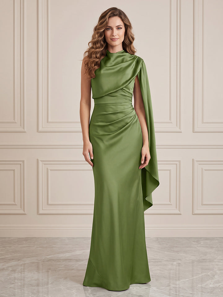 Satin Mermaid Round Neck Ruched Waist Formal Dresses