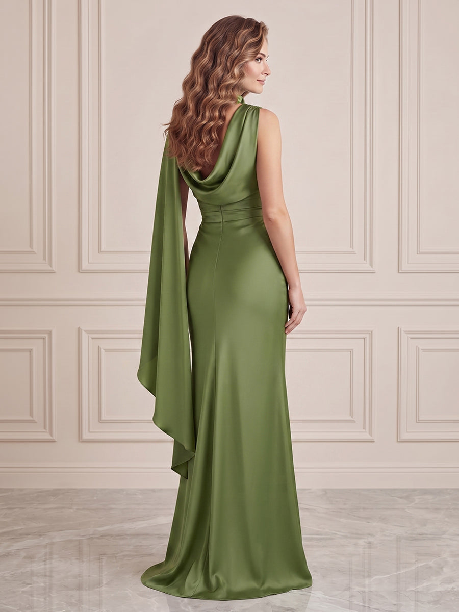 Satin Mermaid Round Neck Ruched Waist Formal Dresses