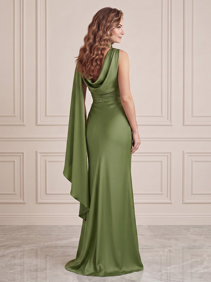 Satin Mermaid Round Neck Ruched Waist Formal Dresses