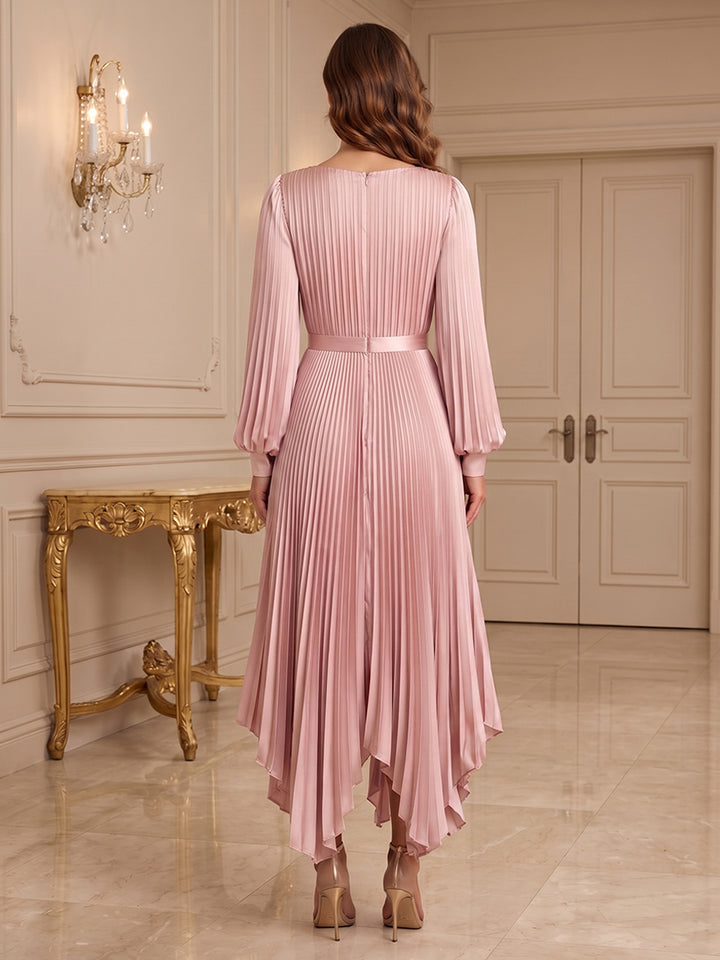 Satin A Line Jewel Neck Pleats Formal Dresses