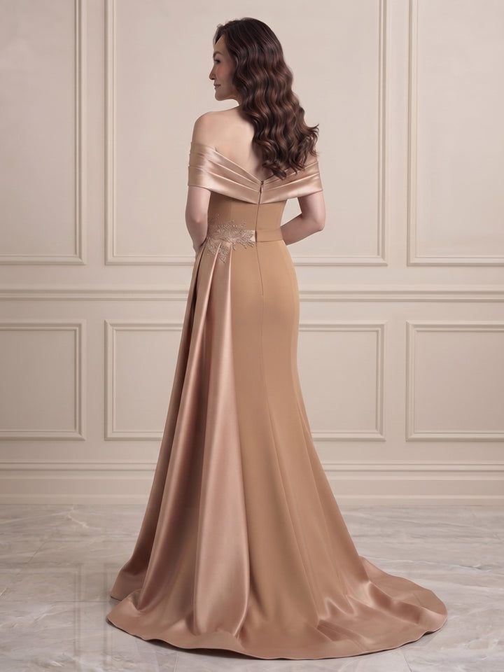 Satin Mermaid Off the Shoulder Splicing Embellished Waist Formal Dresses