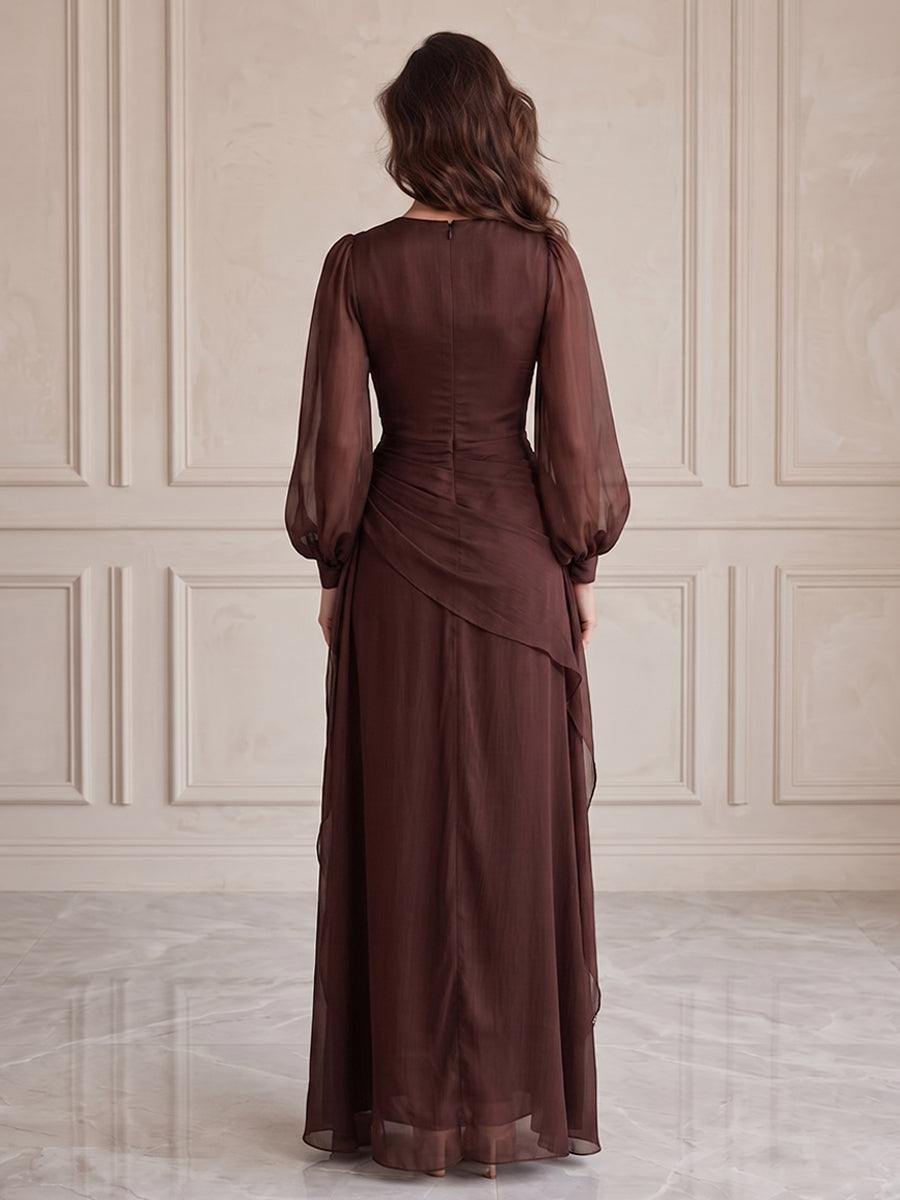 Chiffon A Line Round Neck Ruched Bodice Formal Dresses