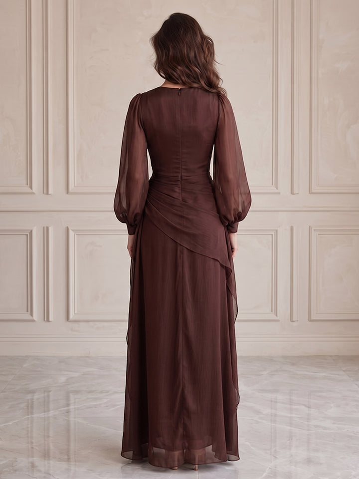 Chiffon A Line Round Neck Ruched Bodice Formal Dresses