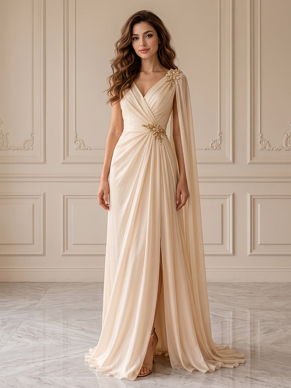 Chiffon A Line V Neck Embellished Waist Formal Dresses