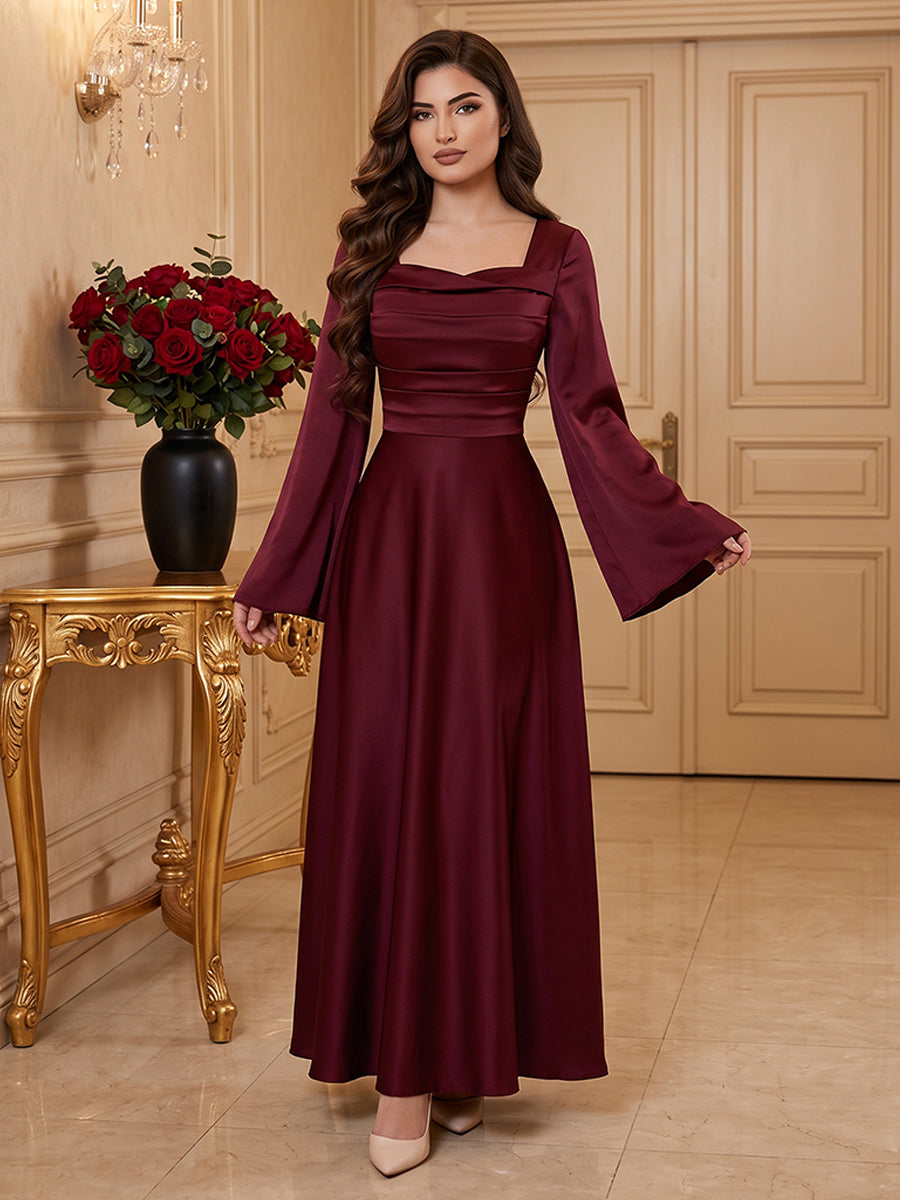 Satin A Line Square Neck Ruched Bodice Formal Dresses