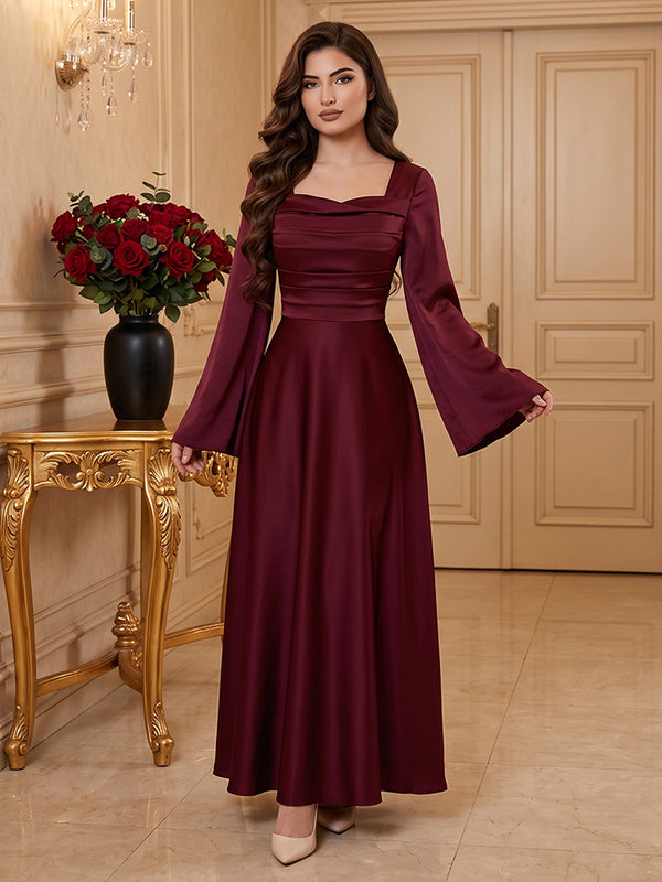 Satin A Line Square Neck Ruched Bodice Formal Dresses