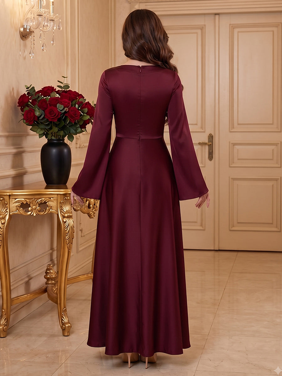 Satin A Line Square Neck Ruched Bodice Formal Dresses