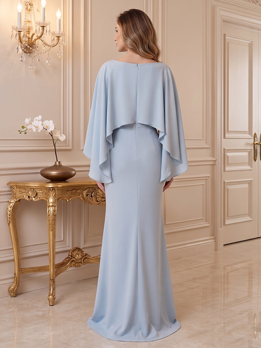 Satin A Line Jewel Neck with Cape Formal Dresses