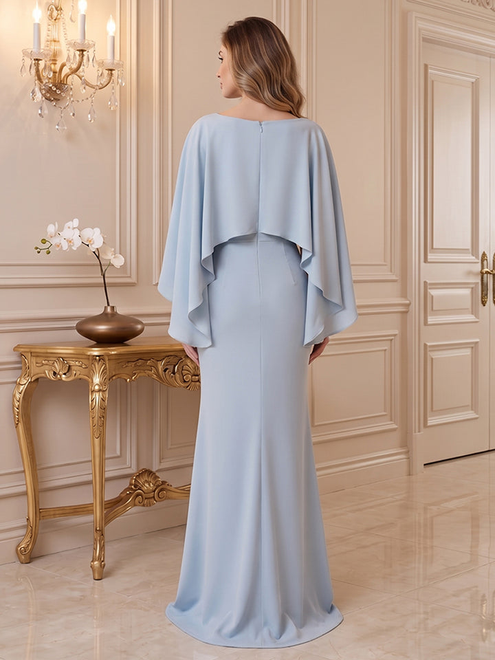 Satin A Line Jewel Neck with Cape Formal Dresses