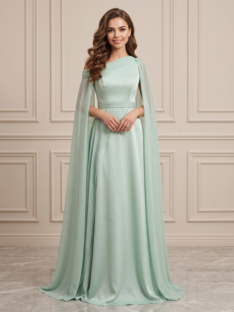 Satin A Line One Shoulder High Waist Formal Dresses