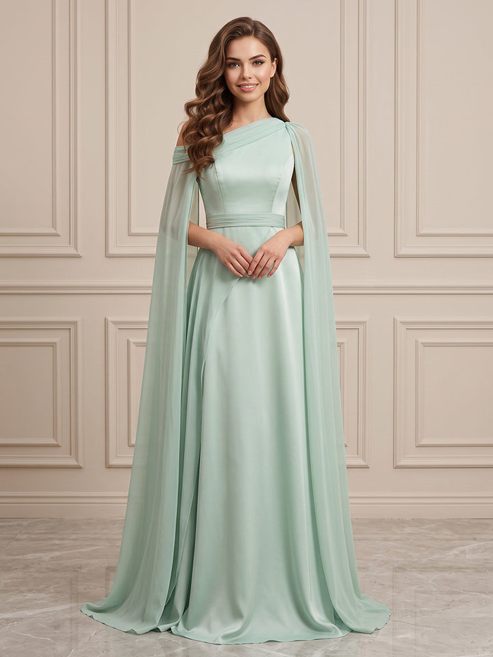 Satin A Line One Shoulder High Waist Formal Dresses