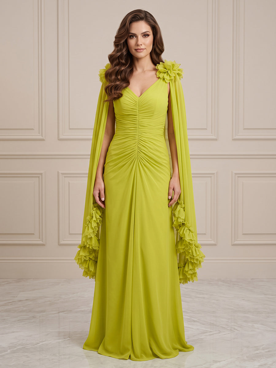 Chiffon A Line V Neck Ruched Waist 3D Flower Accent Formal Dresses