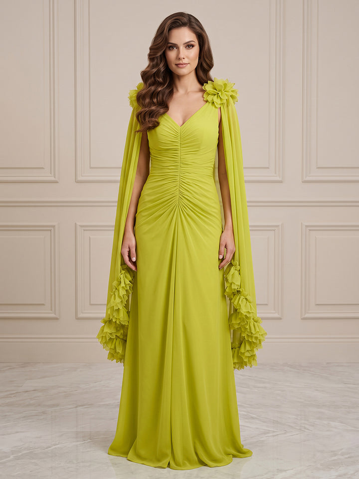 Chiffon A Line V Neck Ruched Waist 3D Flower Accent Formal Dresses