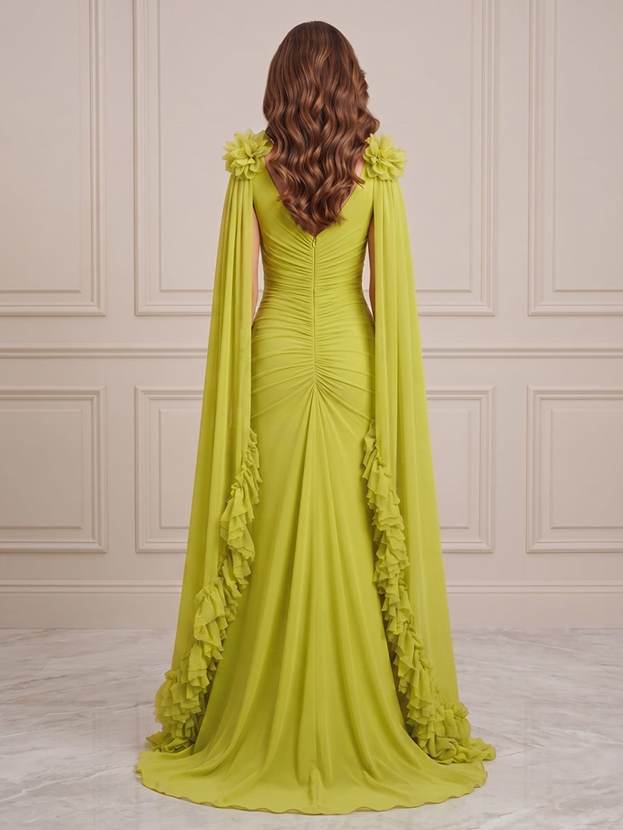 Chiffon A Line V Neck Ruched Waist 3D Flower Accent Formal Dresses