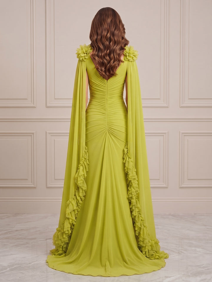 Chiffon A Line V Neck Ruched Waist 3D Flower Accent Formal Dresses