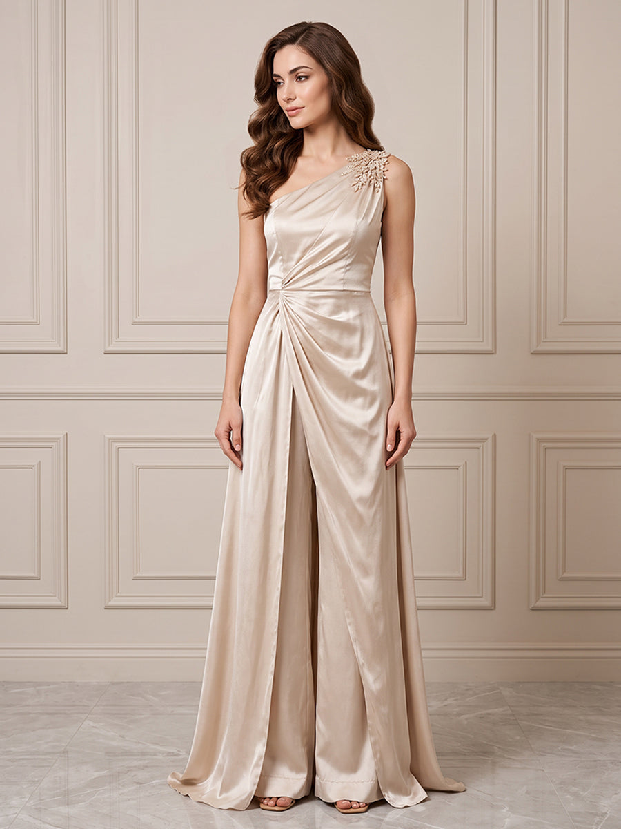 Satin A Line One Shoulder Ruched Waist Formal Dresses