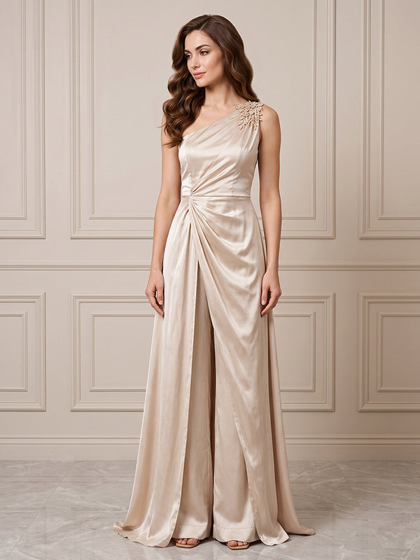 Satin A Line One Shoulder Ruched Waist Formal Dresses
