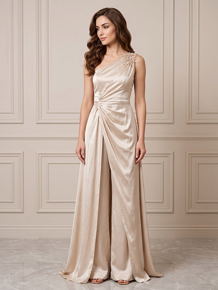 Satin A Line One Shoulder Ruched Waist Formal Dresses