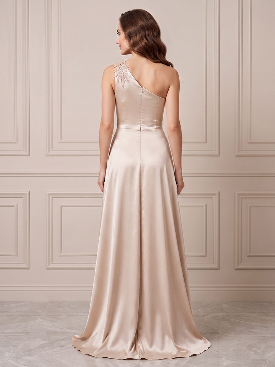 Satin A Line One Shoulder Ruched Waist Formal Dresses