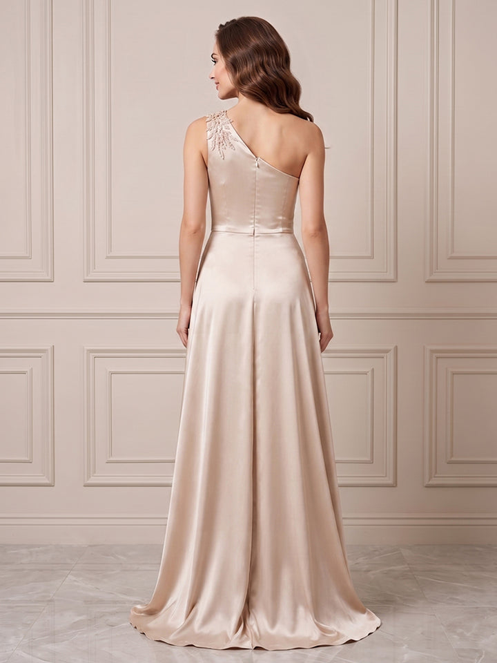 Satin A Line One Shoulder Ruched Waist Formal Dresses