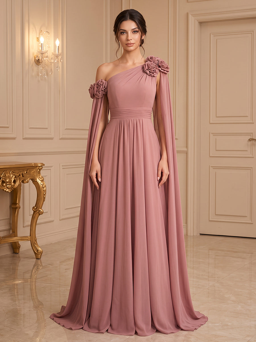 Chiffon A Line One Shoulder with 3D Flowers Formal Dresses