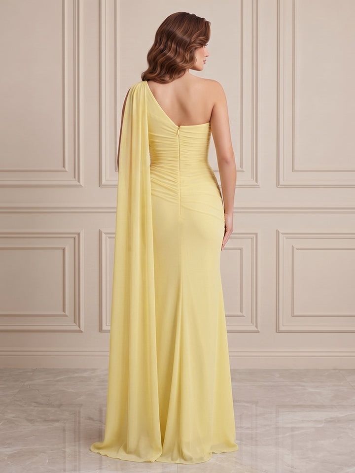 Chiffon Mermaid One Shoulder Ruched Waist Formal Dresses