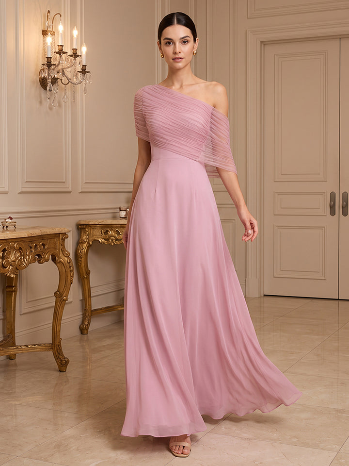 Chiffon A Line One Shoulder with Cape Formal Dresses