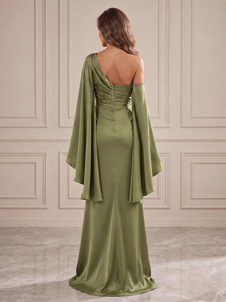 Satin A Line One Shoulder Ruched Waist Formal Dresses