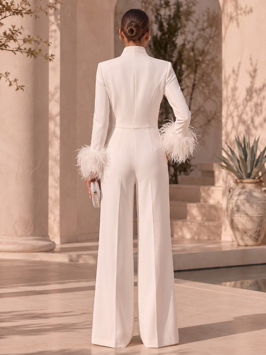 Satin A Line V Neck with Feather High Waist Formal Jumpsuit