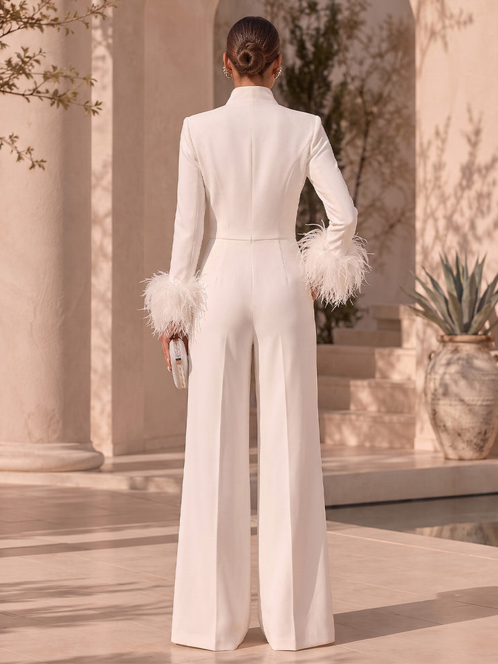 Satin A Line V Neck with Feather High Waist Formal Jumpsuit