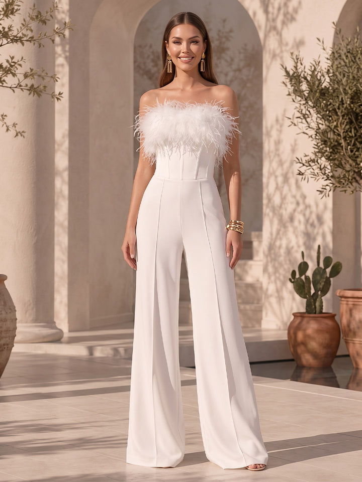 Satin A Line Strapless with Feather High Waist Formal Jumpsuit