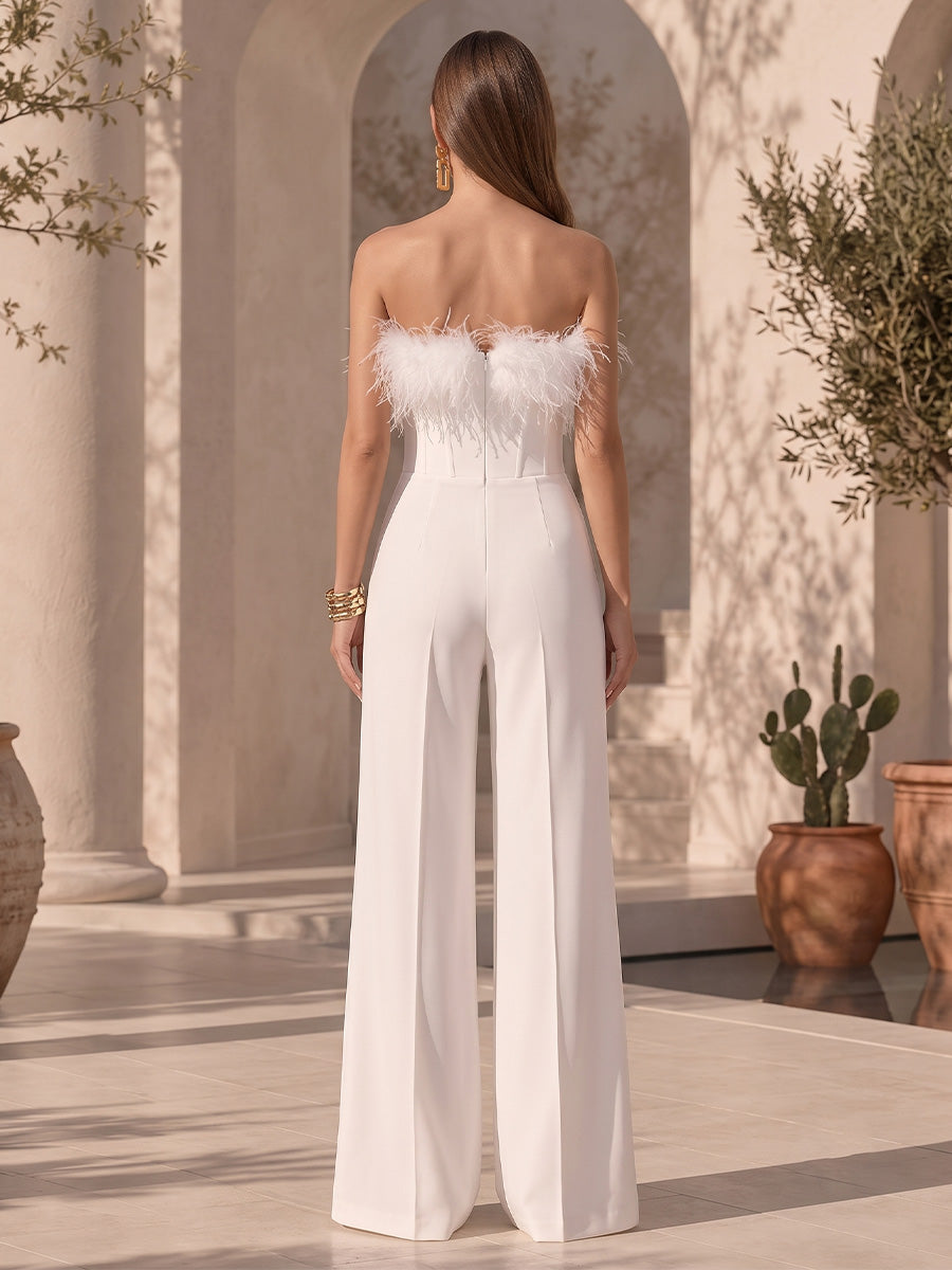 Satin A Line Strapless with Feather High Waist Formal Jumpsuit