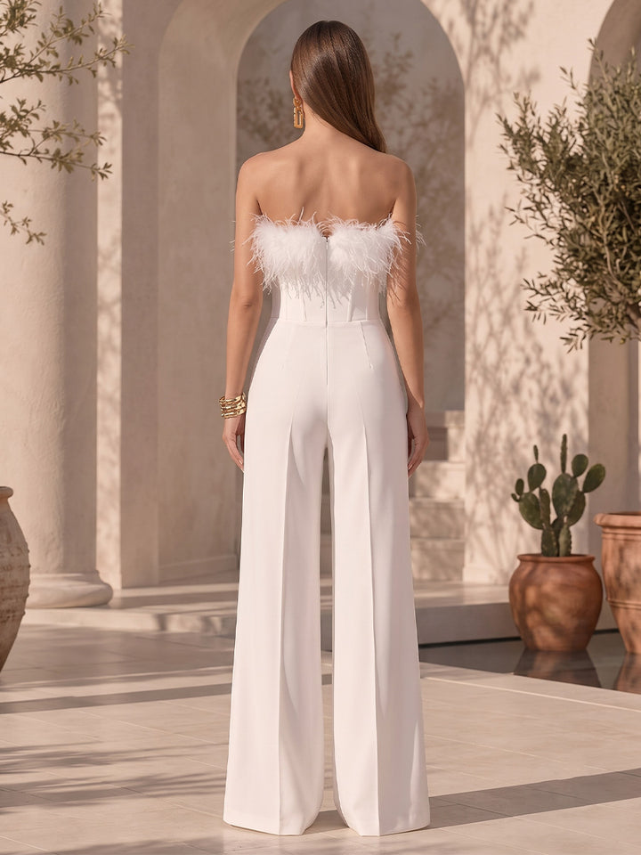 Satin A Line Strapless with Feather High Waist Formal Jumpsuit