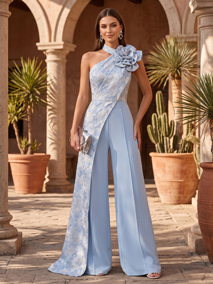Jacquard A Line Halter with 3D Flowers Sash Formal Jumpsuit