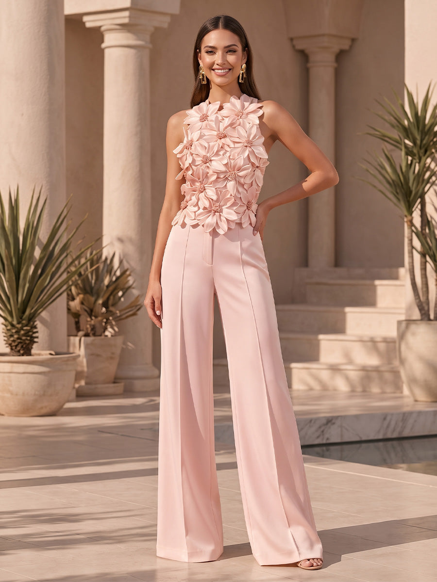 Satin A Line Jewel Neck with 3D Flowers Formal Jumpsuit