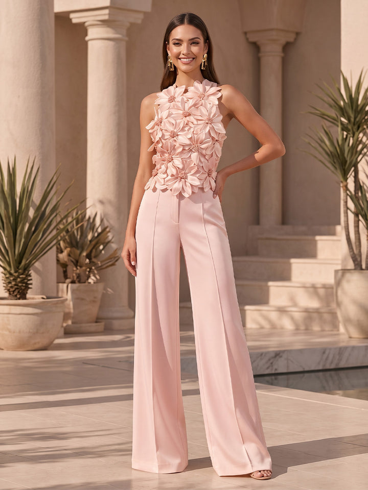 Satin A Line Jewel Neck with 3D Flowers Formal Jumpsuit