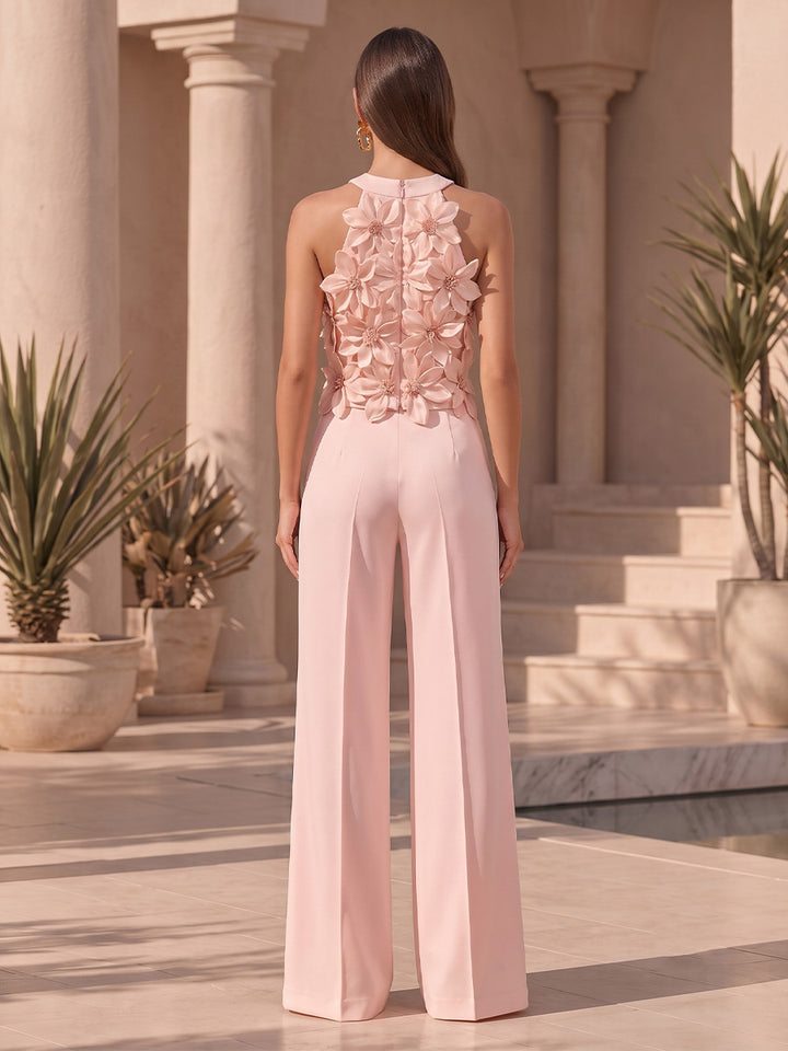 Satin A Line Jewel Neck with 3D Flowers Formal Jumpsuit