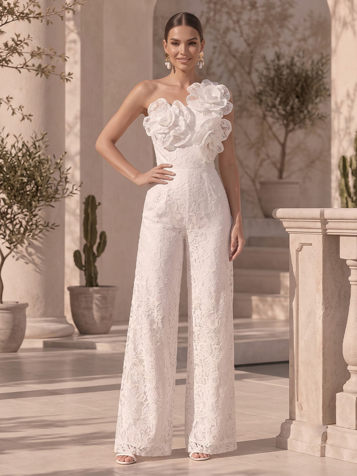 Laces A Line One Shoulder with 3D Flowers Formal Jumpsuit