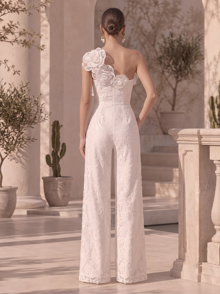 Laces A Line One Shoulder with 3D Flowers Formal Jumpsuit