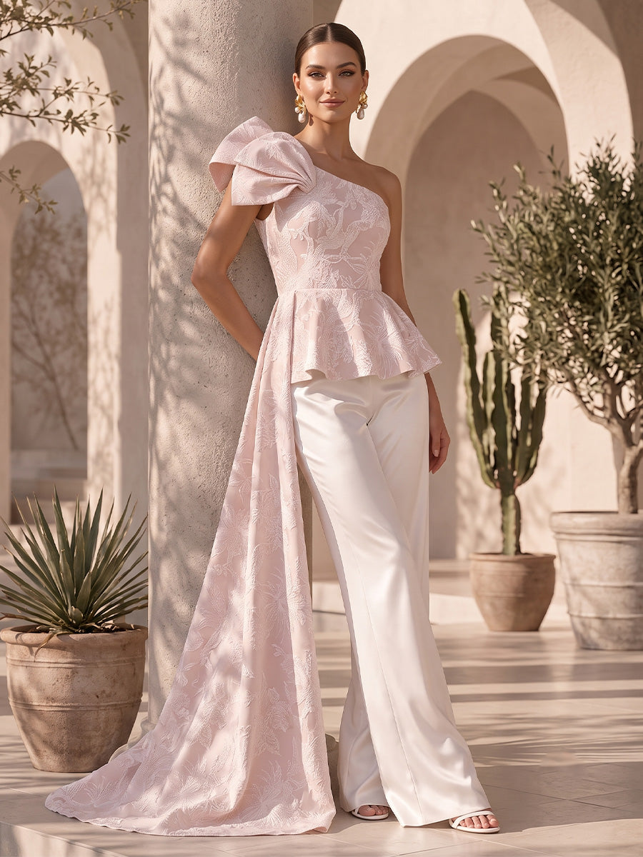Satin Jacquard A Line One Shoulder Ruffles 2 Pieces Formal Jumpsuit