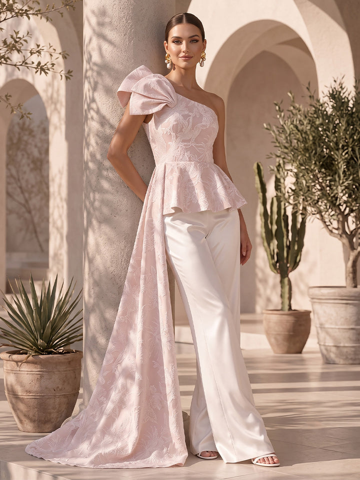 Satin Jacquard A Line One Shoulder Ruffles 2 Pieces Formal Jumpsuit