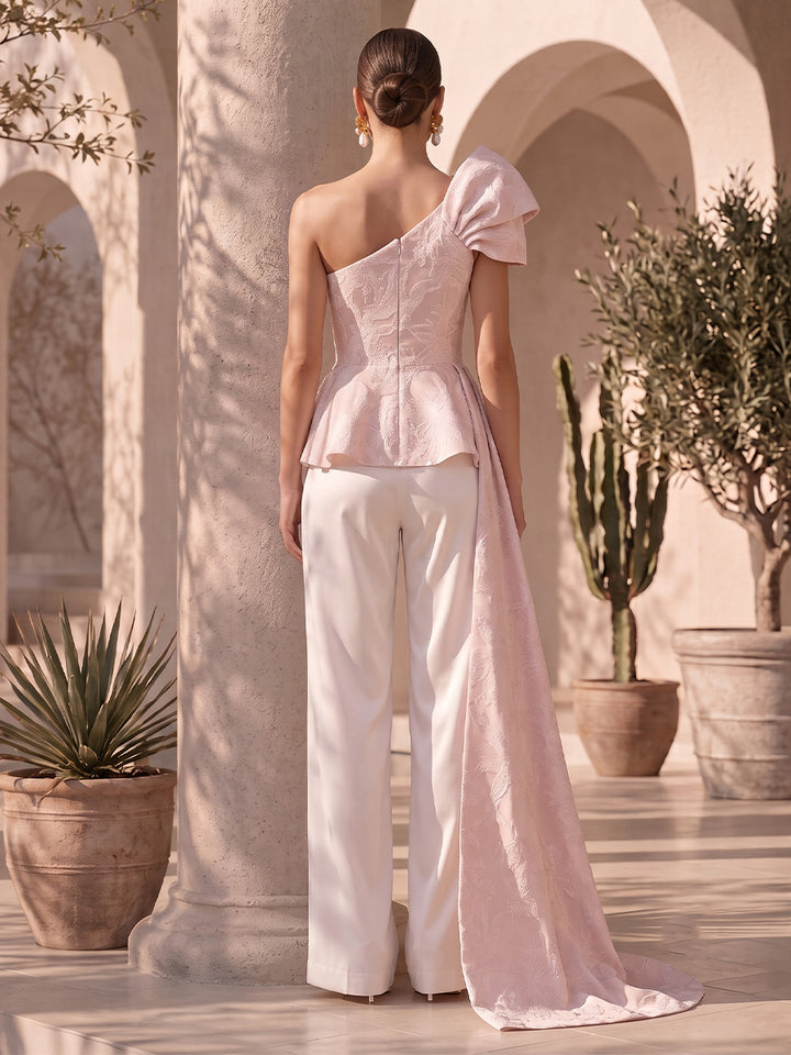 Satin Jacquard A Line One Shoulder Ruffles 2 Pieces Formal Jumpsuit