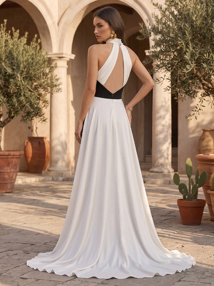Satin A Line Halter Deep V Neck Formal Jumpsuit