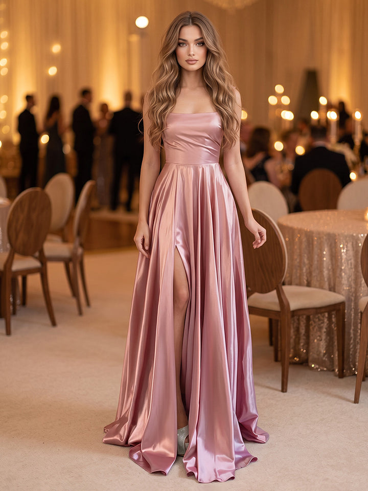 Satin A Line Strapless Side Slit High Waist Formal Dresses