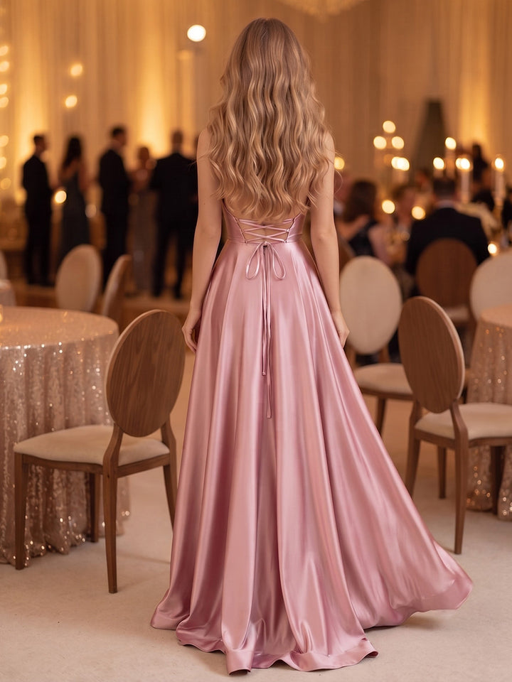 Satin A Line Strapless Side Slit High Waist Formal Dresses