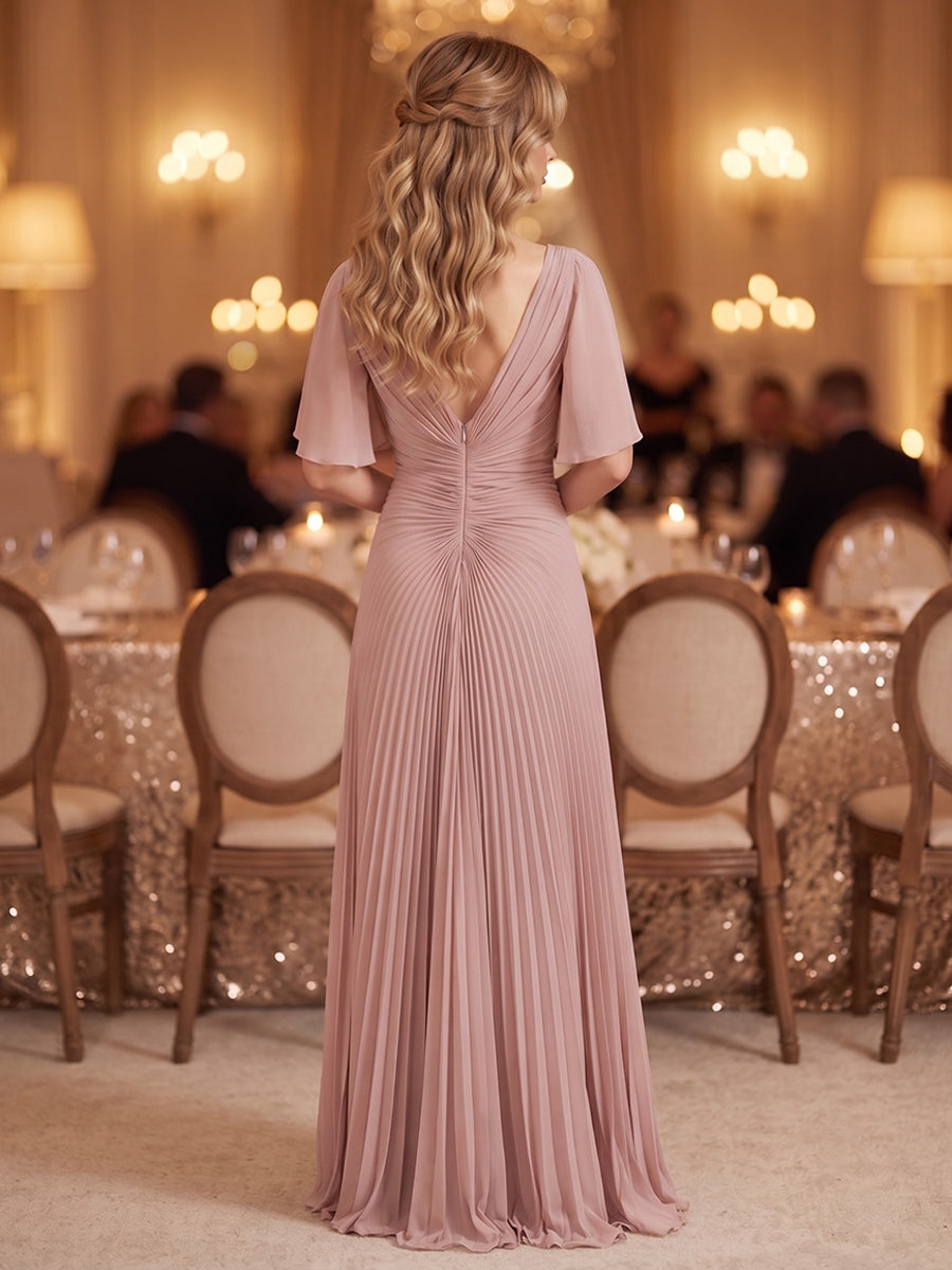 Chiffon A Line V Neck Ruffles Sleeves Pleated Formal Dresses