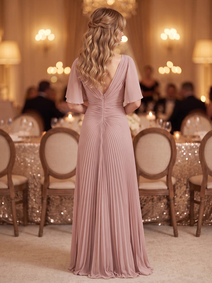 Chiffon A Line V Neck Ruffles Sleeves Pleated Formal Dresses