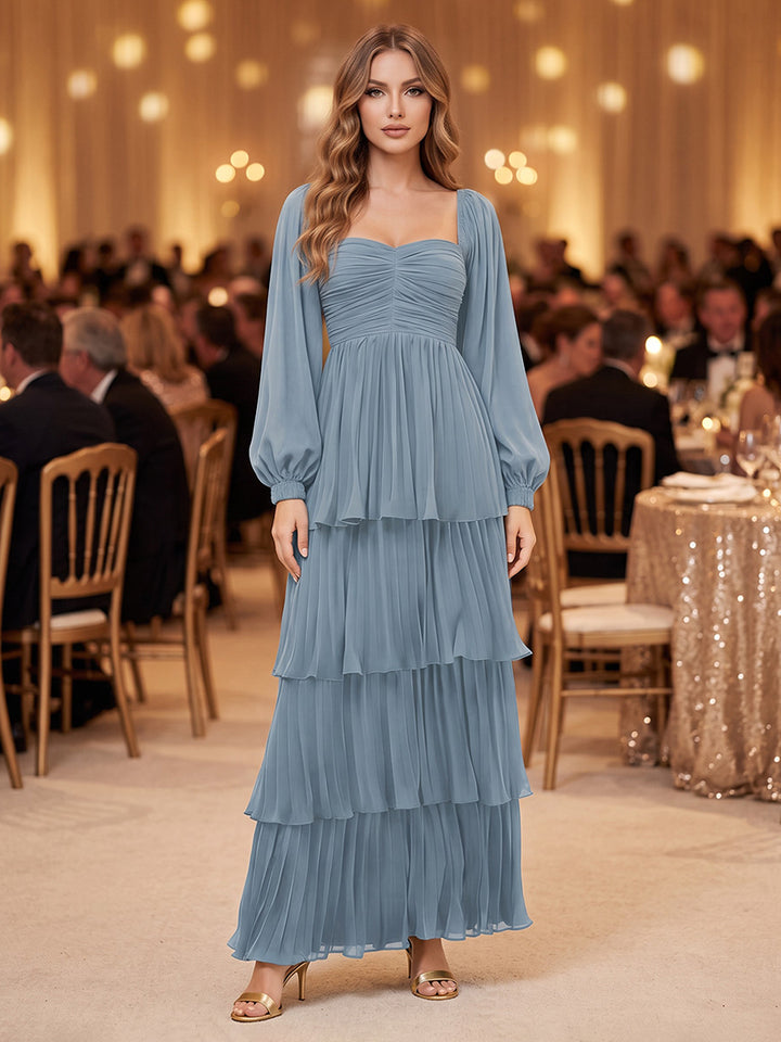 Chiffon A Line Square Neck Ruched Bodice Pleated Formal Dresses