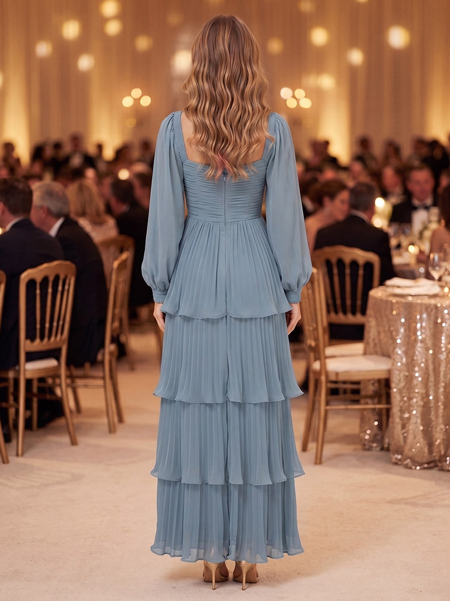 Chiffon A Line Square Neck Ruched Bodice Pleated Formal Dresses
