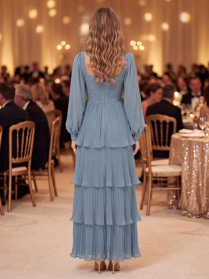 Chiffon A Line Square Neck Ruched Bodice Pleated Formal Dresses